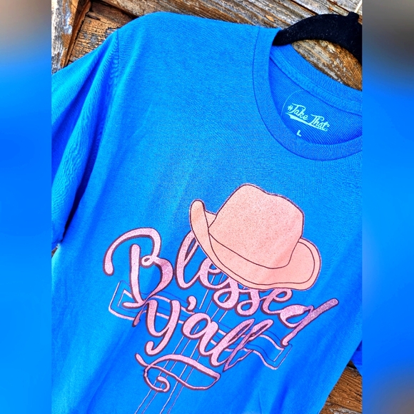 NEW #TAKETHAT Western Blue & Tan Glitter Cowgirl Hat Blessed Cross Tee Shirt - Picture 2 of 7